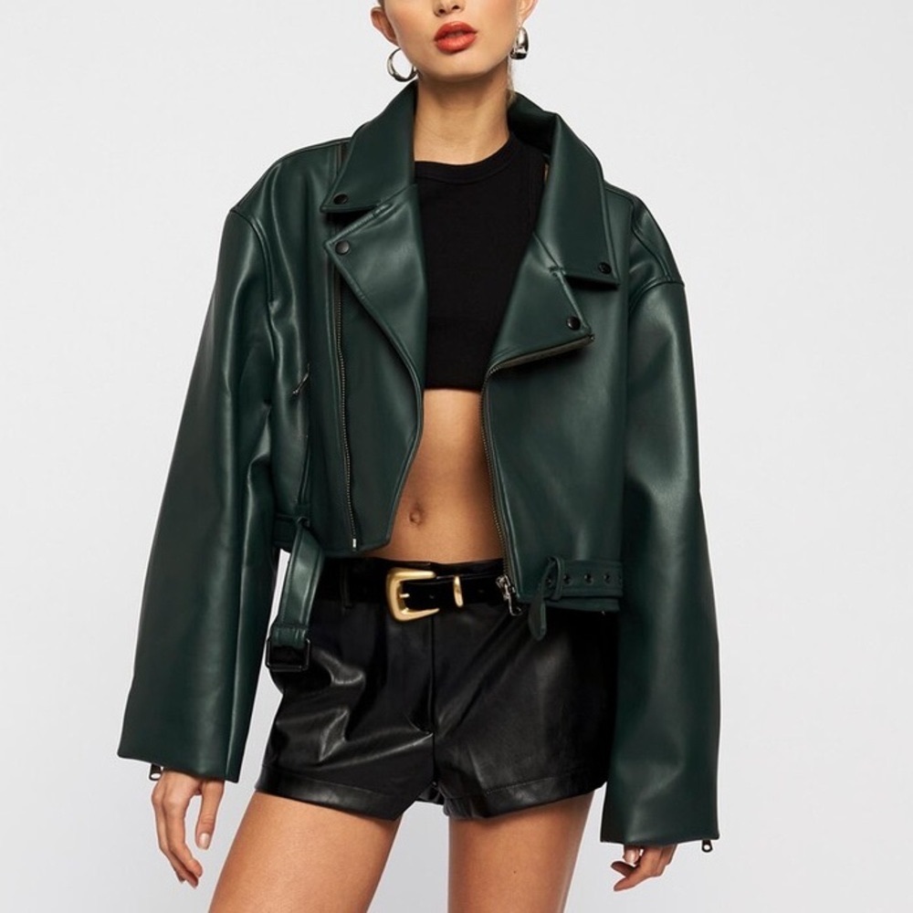 LIONESS Staten Island Leather Jacket Moss Green Crop Oversize Biker Motorcycle